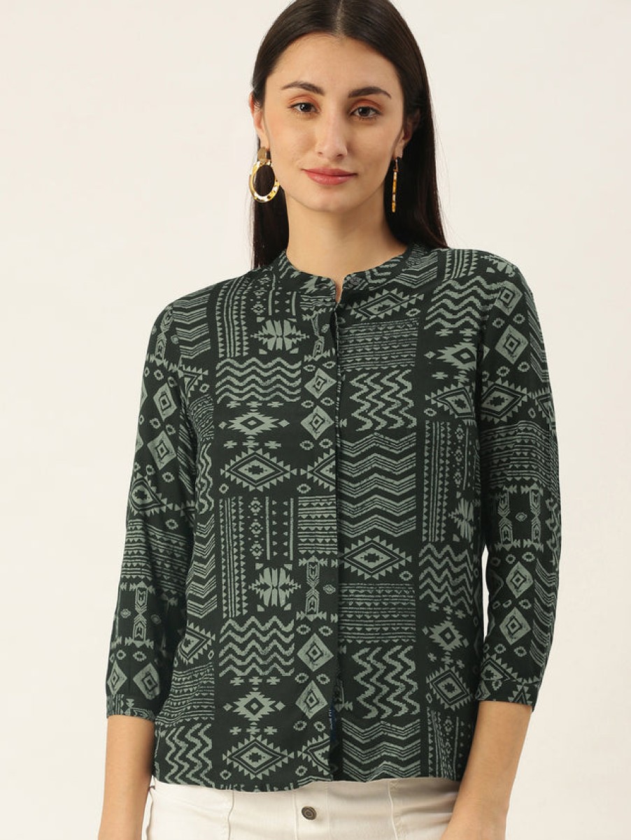 Casual Shirts | Bene Kleed Women Dark Green Slim Fit Tribal Casual Shirt