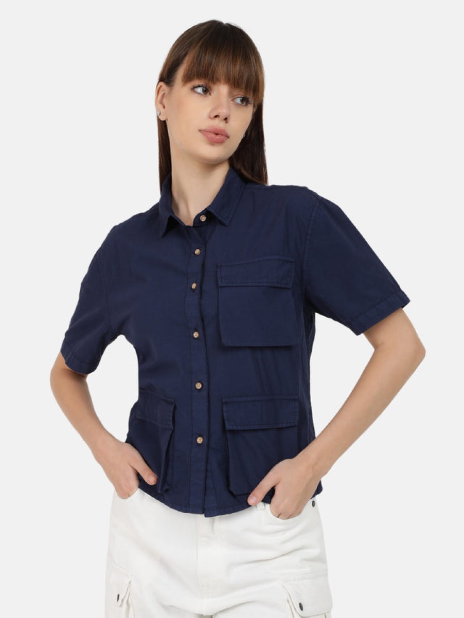 Casual Shirts | Bene Kleed Women Prussian Blue Overdyed 3 Pockets Casual Shirt