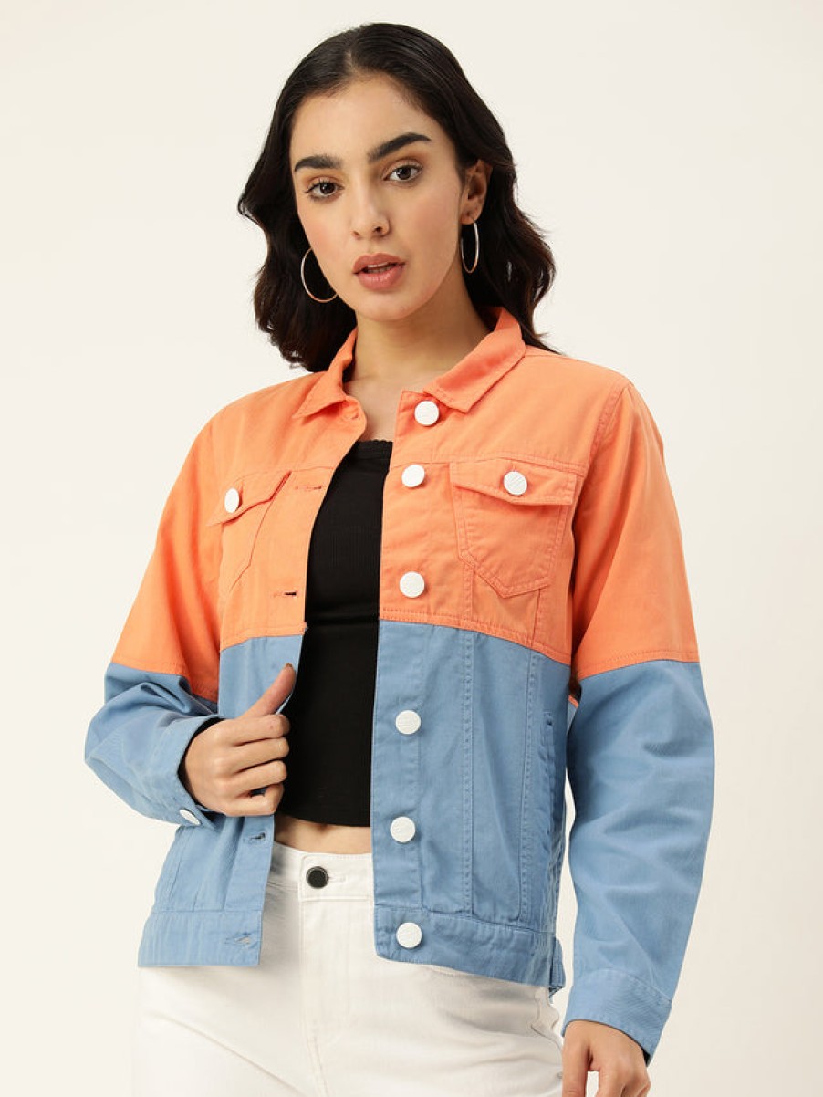 Jackets | Bene Kleed Women Orange/Blue Slim Fit Colour Block Jacket