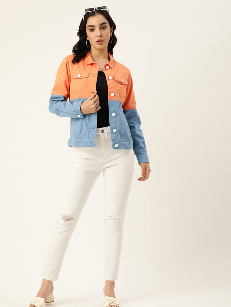 Jackets | Bene Kleed Women Orange/Blue Slim Fit Colour Block Jacket