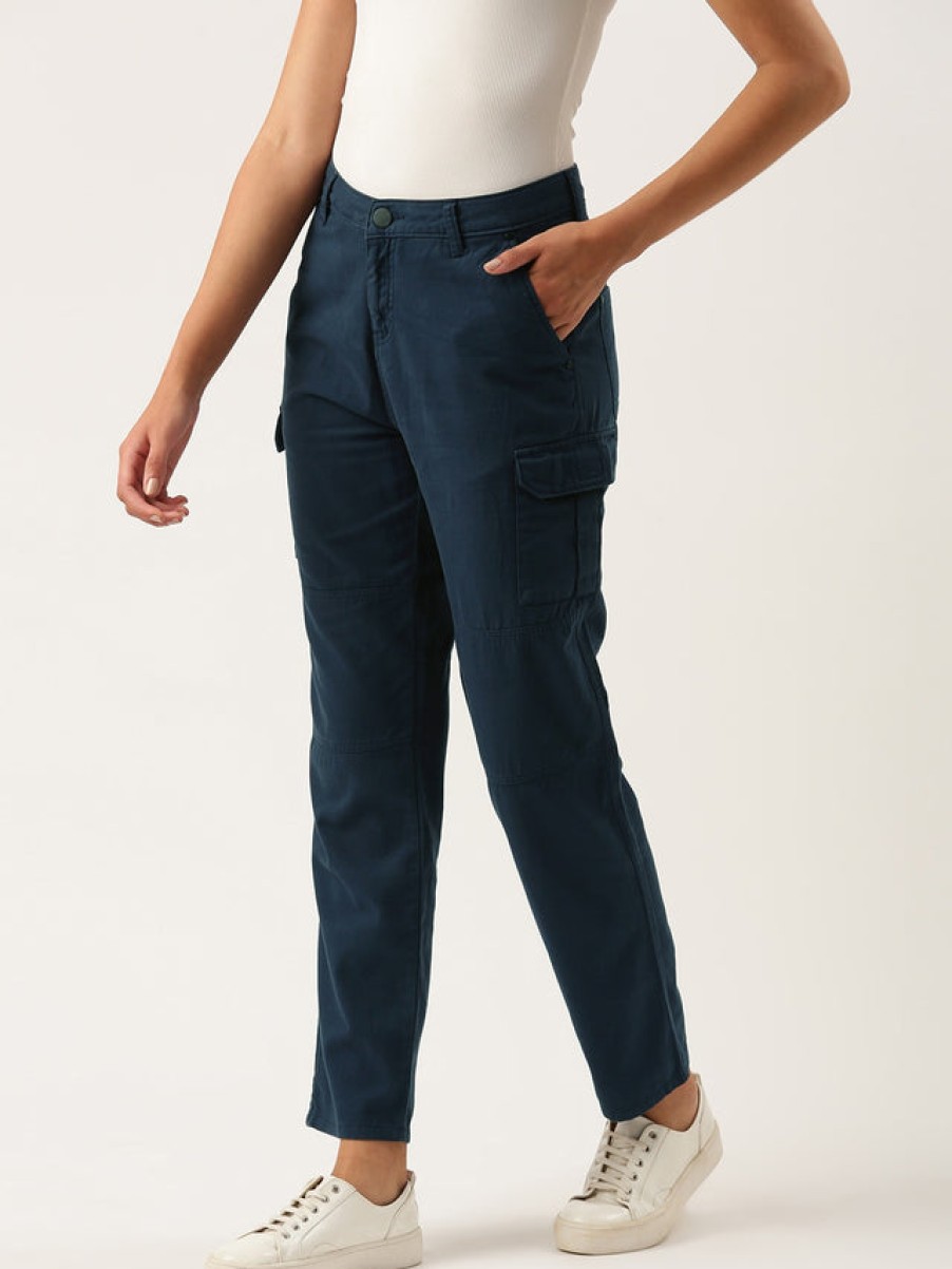 Cargos & Joggers | IVOC Women Navy Blue Overdyed Slim Fit Solid Cargo Trousers