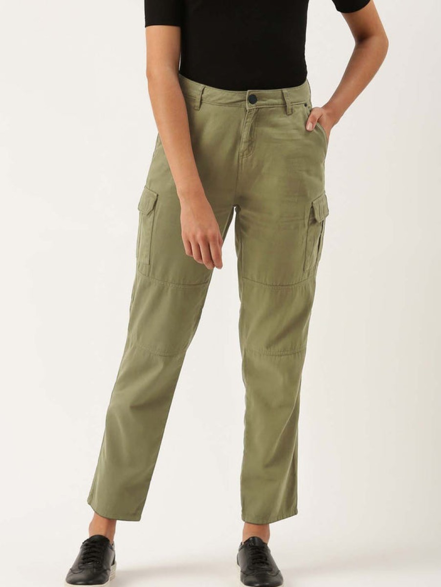 Cargos & Joggers | IVOC Women Olive Drab Slim Fit Solid Cargo Trousers