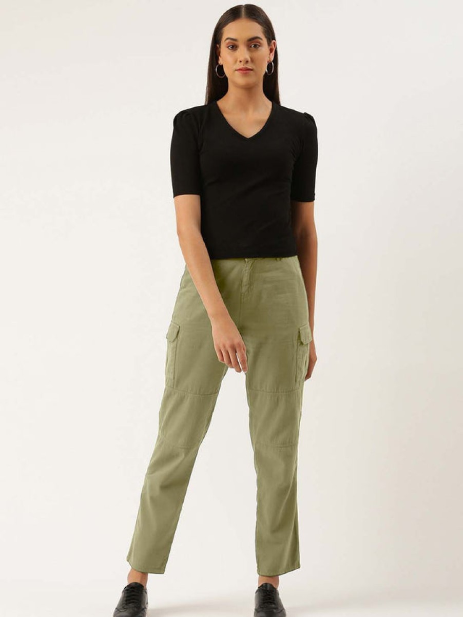 Cargos & Joggers | IVOC Women Olive Drab Slim Fit Solid Cargo Trousers