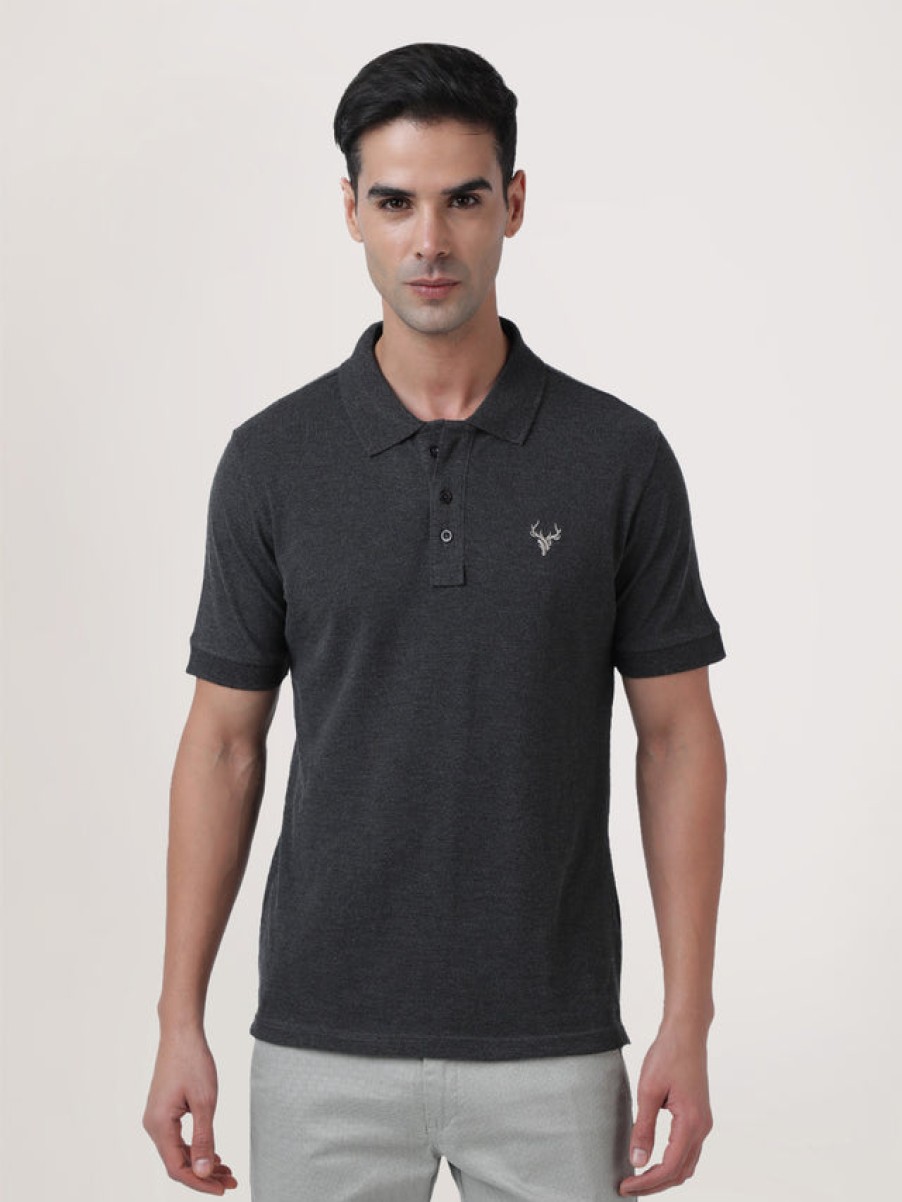 T-Shirts | IVOC Men Charcoal Grey Regular Fit Polo T-Shirt With Chest Embroidery