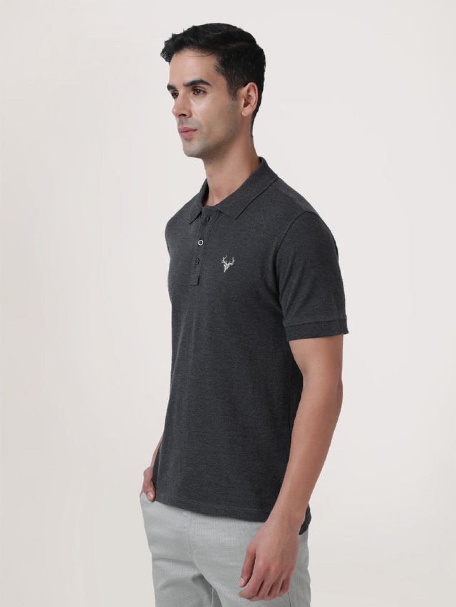 T-Shirts | IVOC Men Charcoal Grey Regular Fit Polo T-Shirt With Chest Embroidery