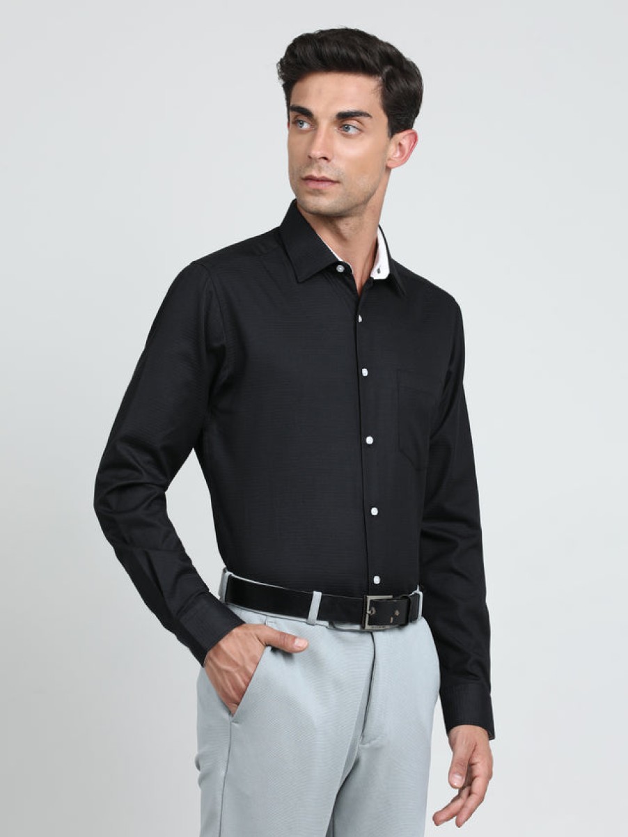 Formal Shirts | IVOC Men Black Regular Fit Textured Poly Cotton Formal Shirt