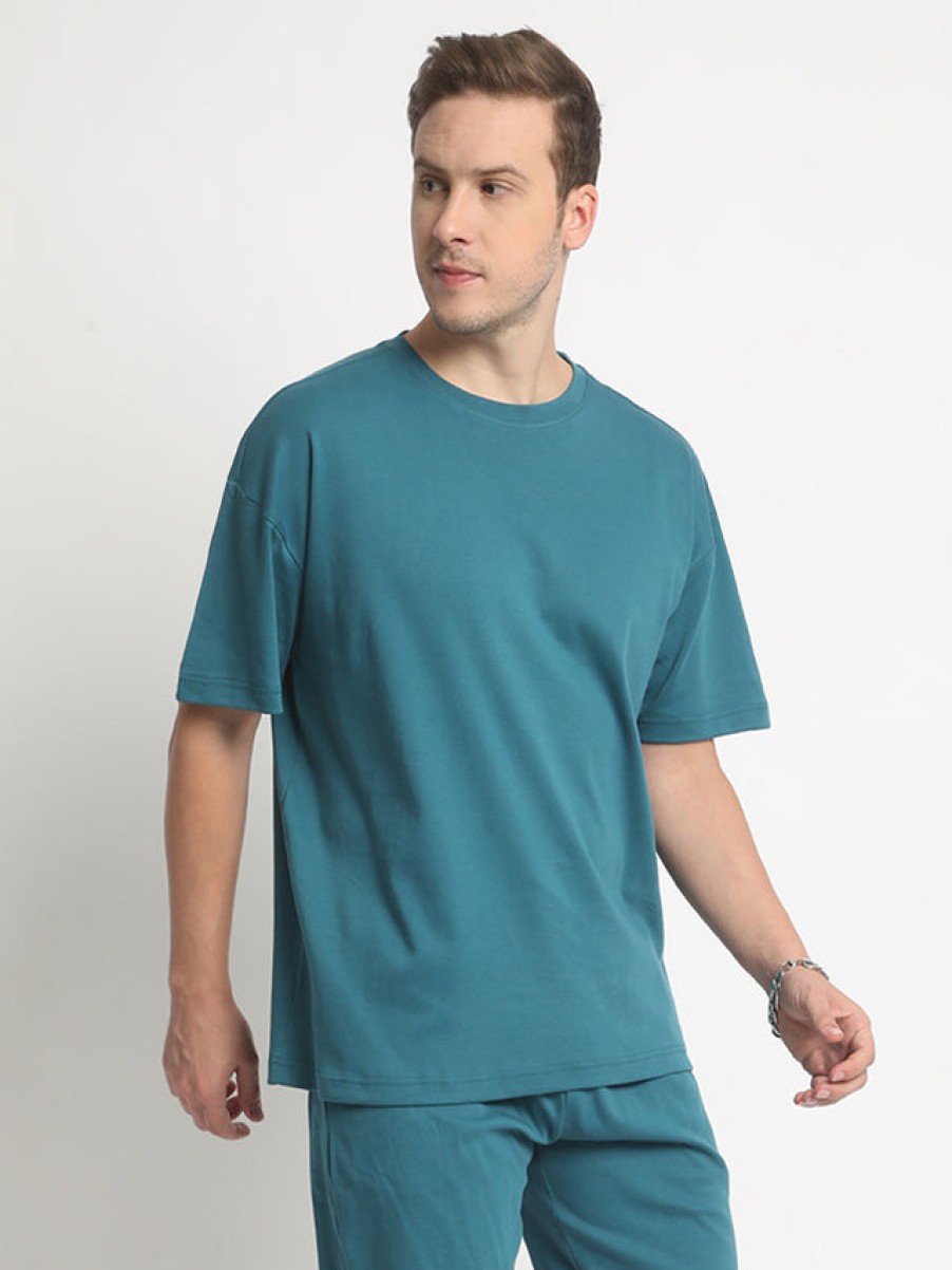 T-Shirts | Bene Kleed Men Teal Oversized Solid Interlock T-Shirt