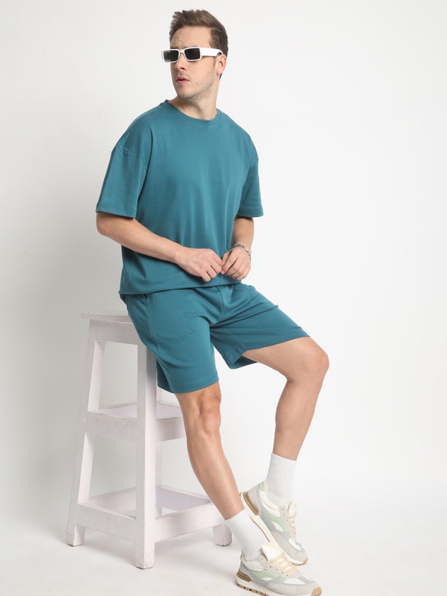 T-Shirts | Bene Kleed Men Teal Oversized Solid Interlock T-Shirt