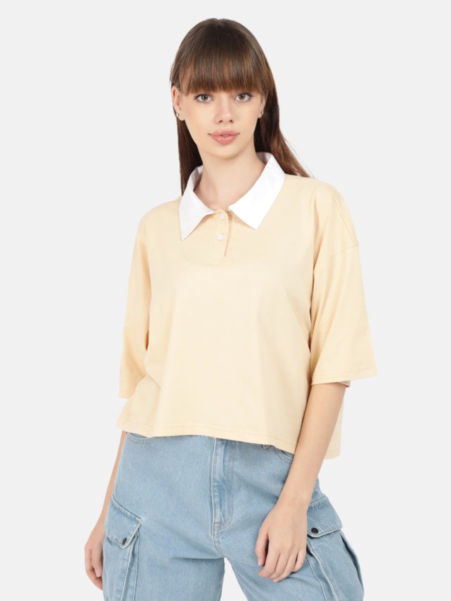 T-Shirt & Tops | Bene Kleed Women Beige Solid Cropped Polo T-Shirt With Contrast Collar