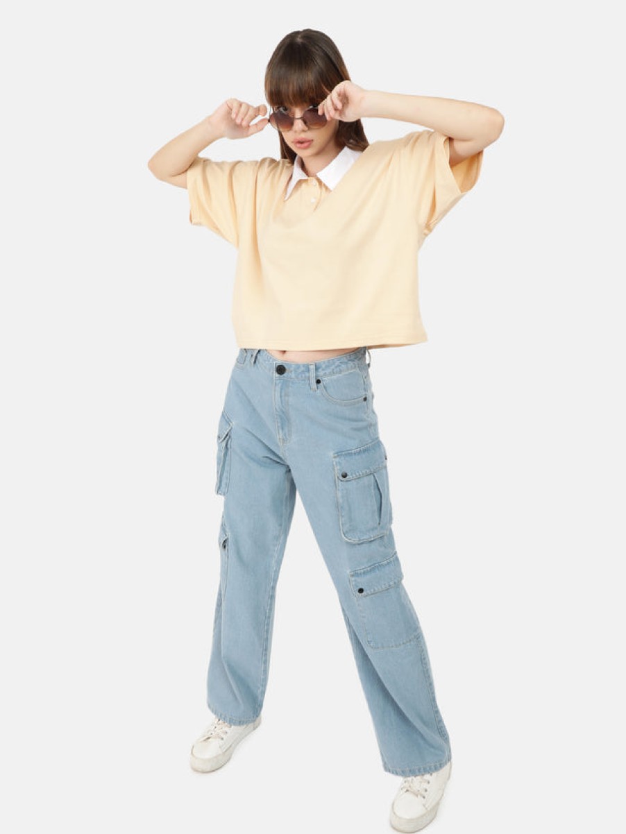 T-Shirt & Tops | Bene Kleed Women Beige Solid Cropped Polo T-Shirt With Contrast Collar