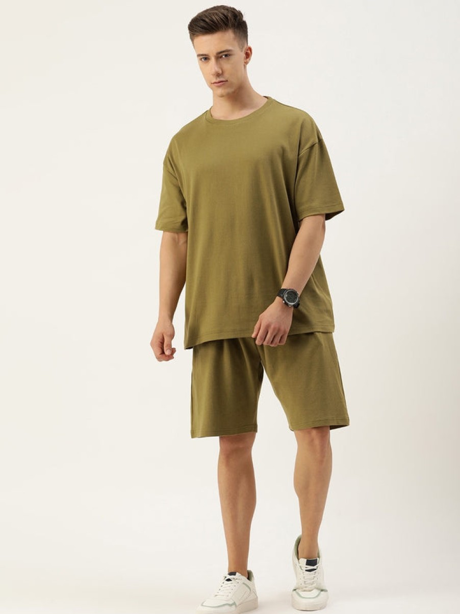 Co-Ords Sets | Bene Kleed Men Green Olive Co-Ords Set T-Shirt And Shorts