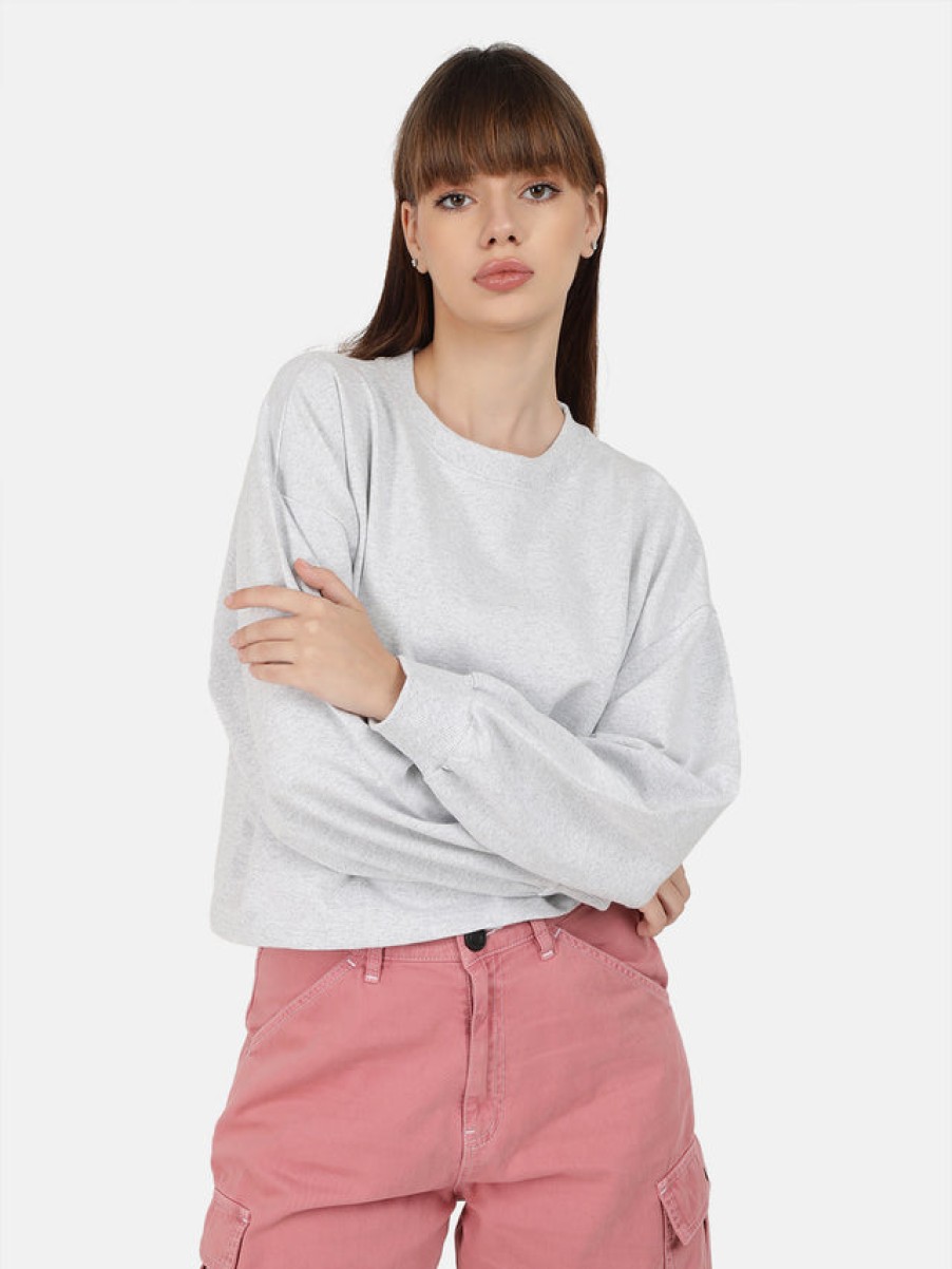 Sweatshirts | Bene Kleed Women White Melange Solid Cropped Length Oversized Sweatshirt