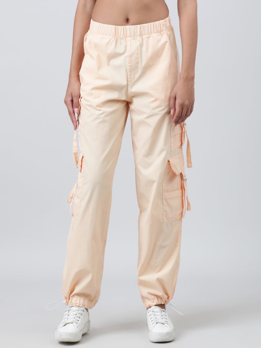 Cargos & Joggers | Bene Kleed Women Peach Fuzz Parachute Fit Overdyed High Rise Solid Cargo Trousers