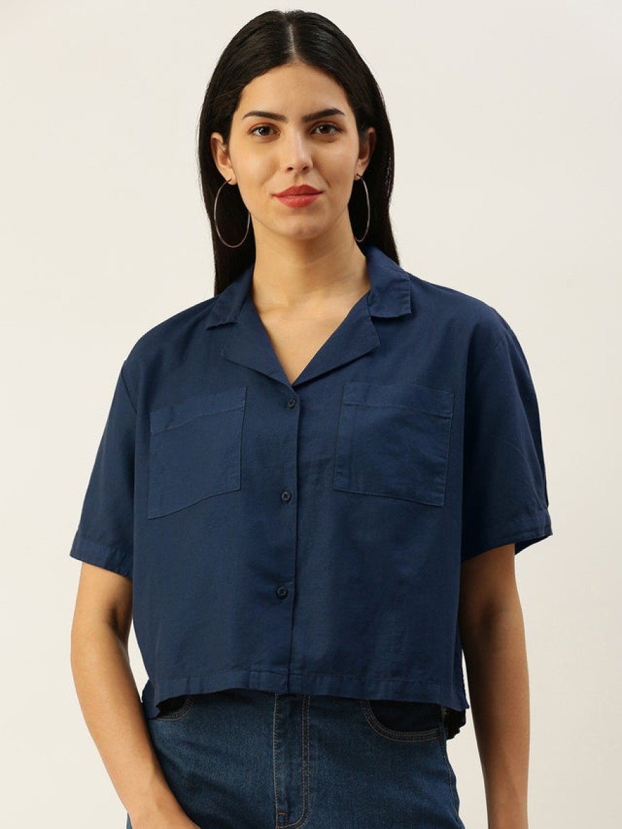 Casual Shirts | Bene Kleed Women Insignia Blue Boxy Fit Solid Casual Shirt