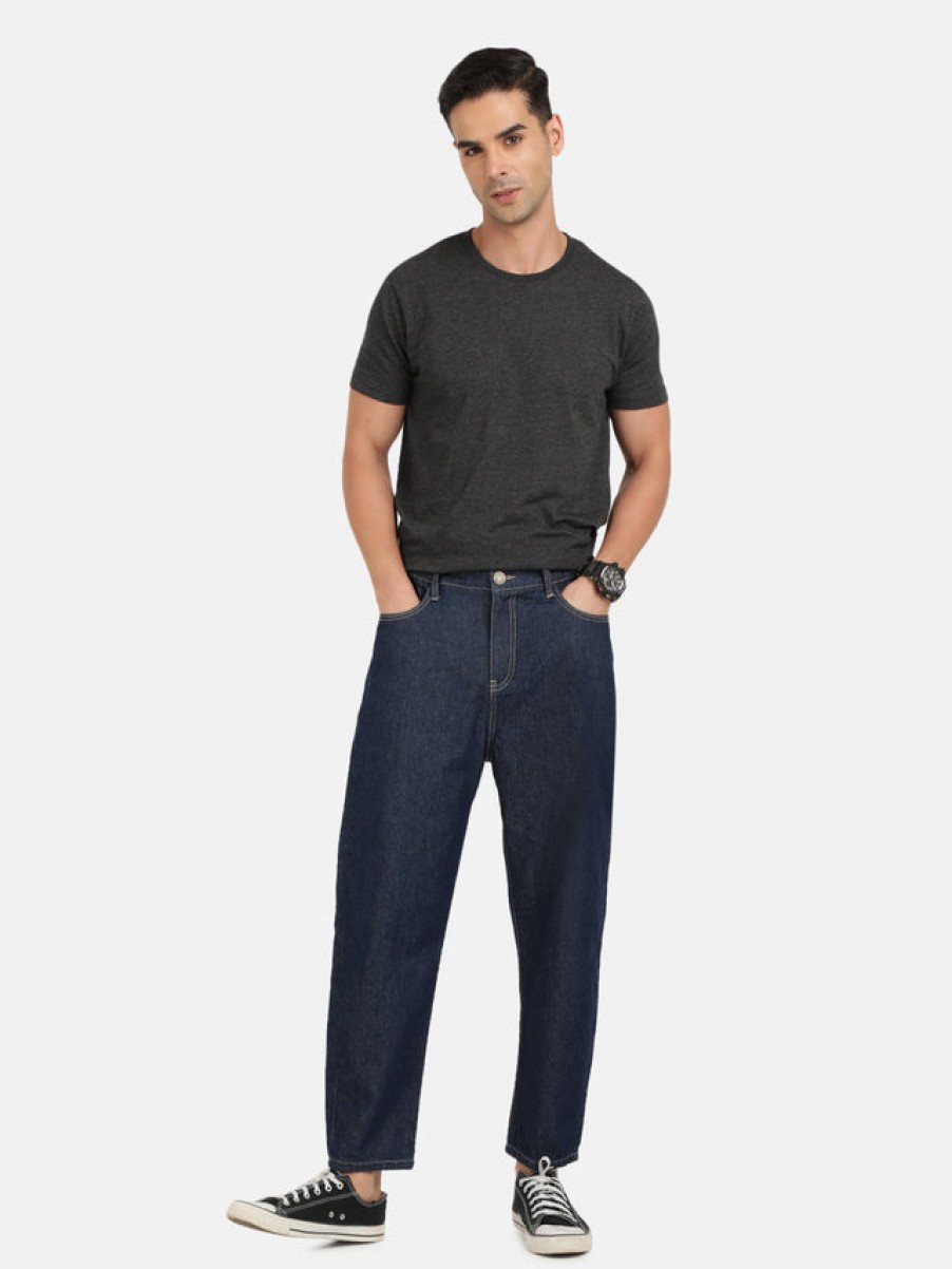 Jeans | Bene Kleed Men Navy Solid Slouchy Fit Cropped Jeans