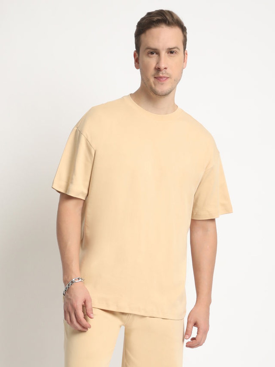 T-Shirts | Bene Kleed Men Beige Oversized Solid Interlock T-Shirt