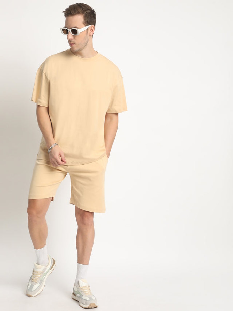 T-Shirts | Bene Kleed Men Beige Oversized Solid Interlock T-Shirt