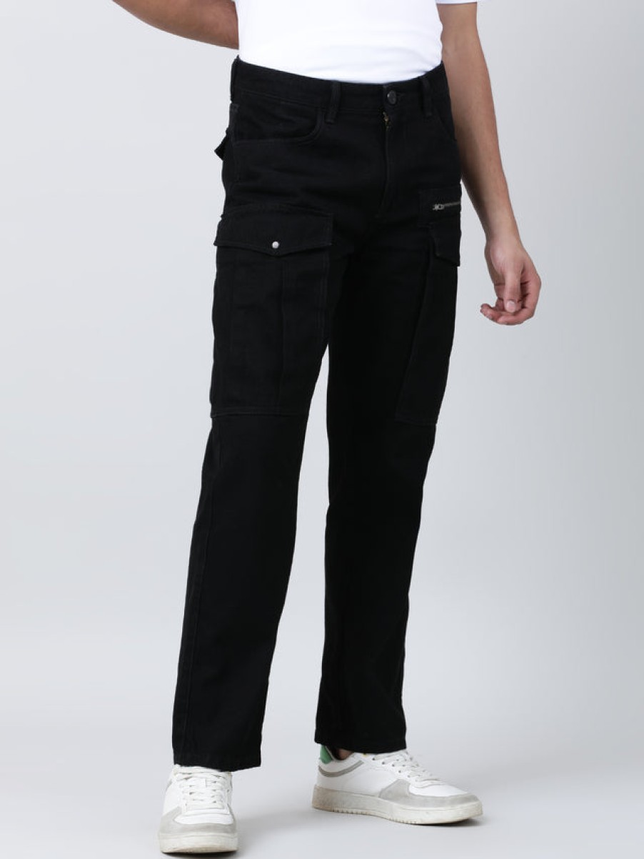 Jeans | Bene Kleed Men Black Relaxed Fit Solid Denim Cargo Jeans