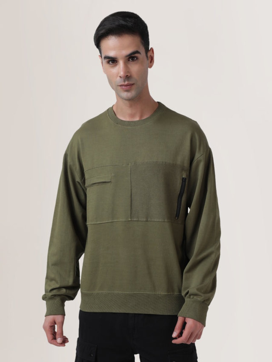 Sweatshirts | Bene Kleed Men Olive Green Relaxed Fit Solid Sweatshirt With Chest Panelling Deta