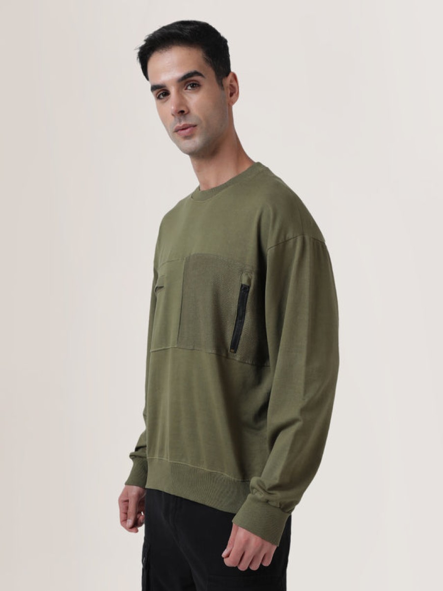 Sweatshirts | Bene Kleed Men Olive Green Relaxed Fit Solid Sweatshirt With Chest Panelling Deta