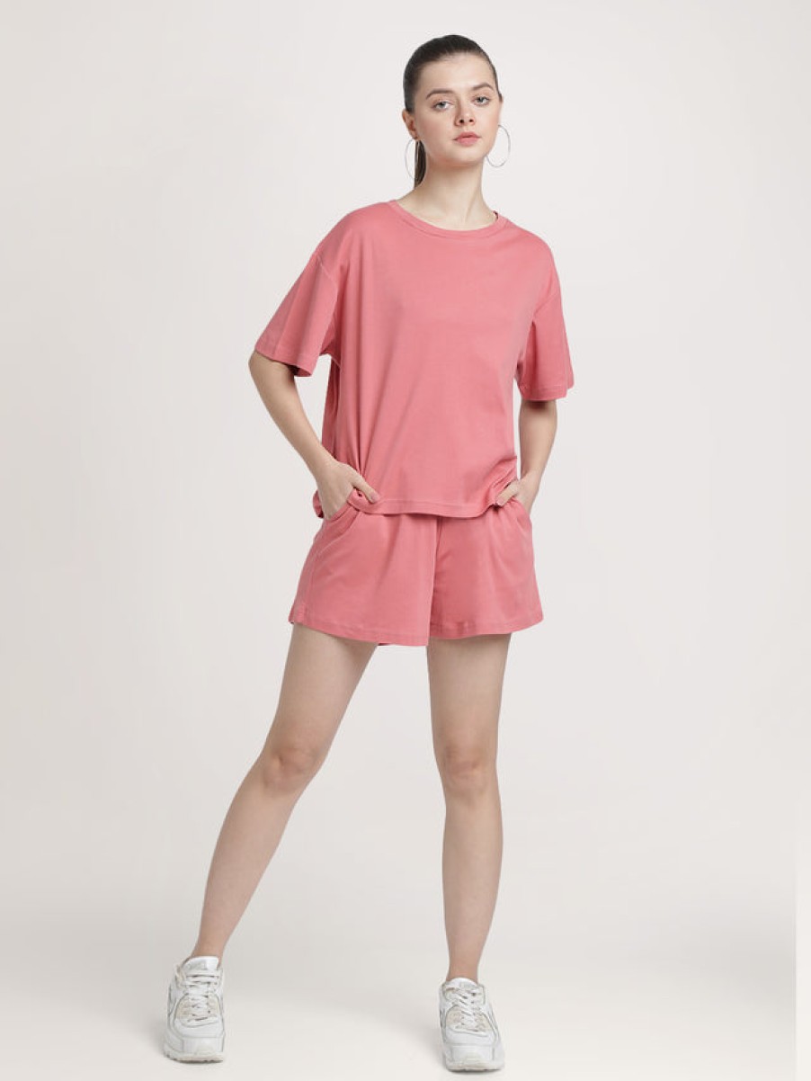 Co-Ords Sets | Bene Kleed Women Peach Beige Pure Cotton Solid T-Shirt With Shorts