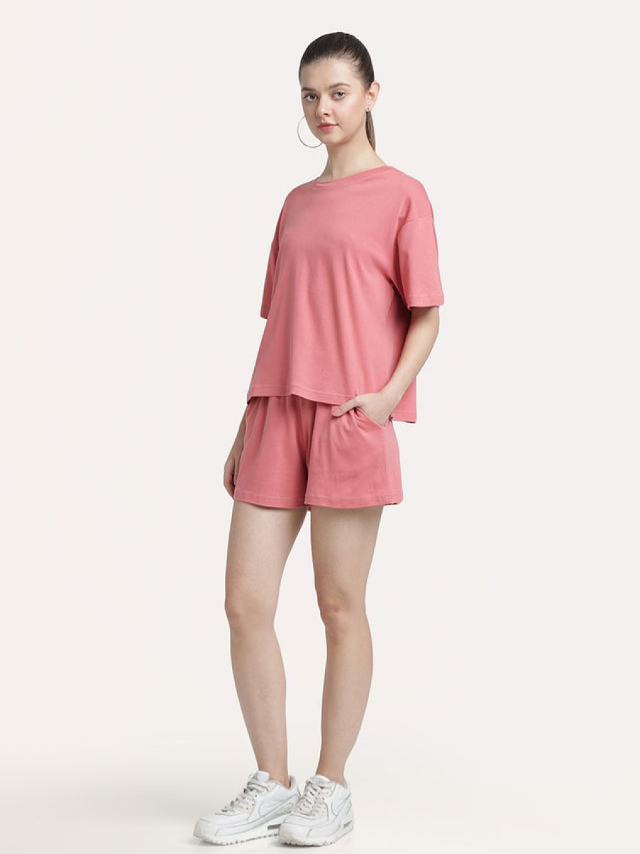 Co-Ords Sets | Bene Kleed Women Peach Beige Pure Cotton Solid T-Shirt With Shorts