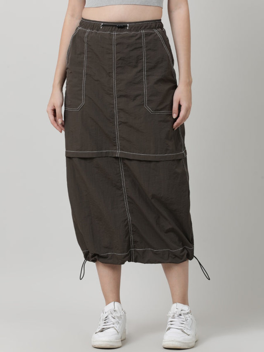 Skirts | Bene Kleed Women Olive Parachute Fit Solid Maxi Skirt With Contrast Stitch