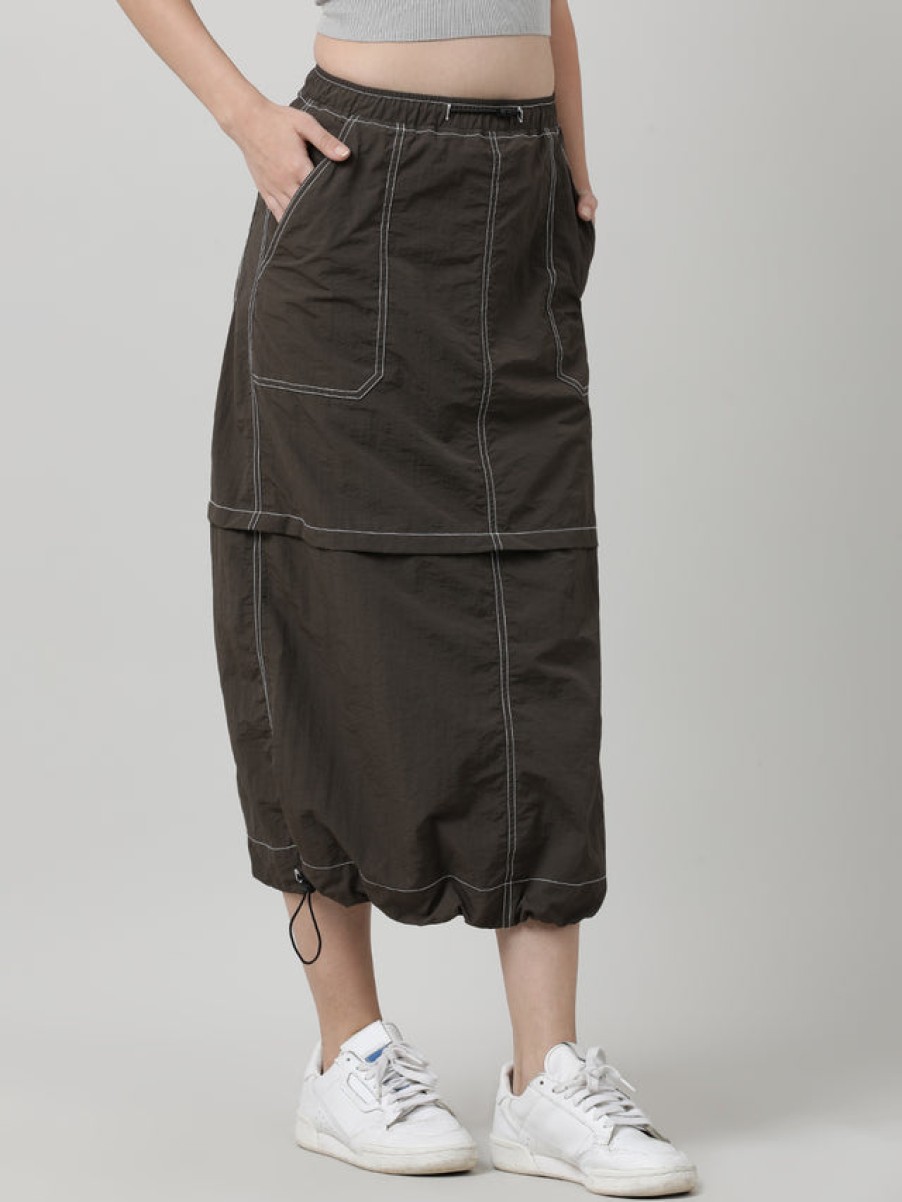 Skirts | Bene Kleed Women Olive Parachute Fit Solid Maxi Skirt With Contrast Stitch