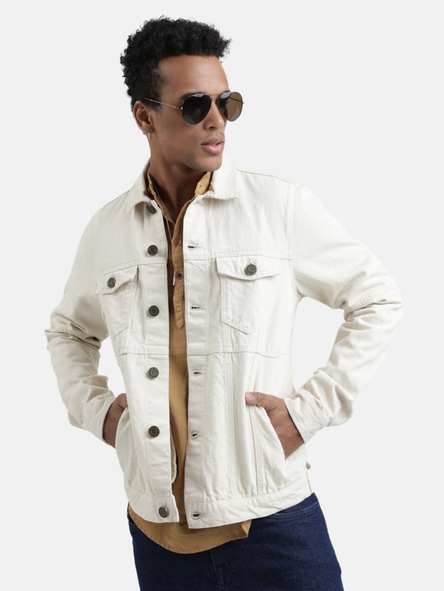 Jackets | Bene Kleed Men Ecru Cotton Solid Slim Fit Denim Jacket