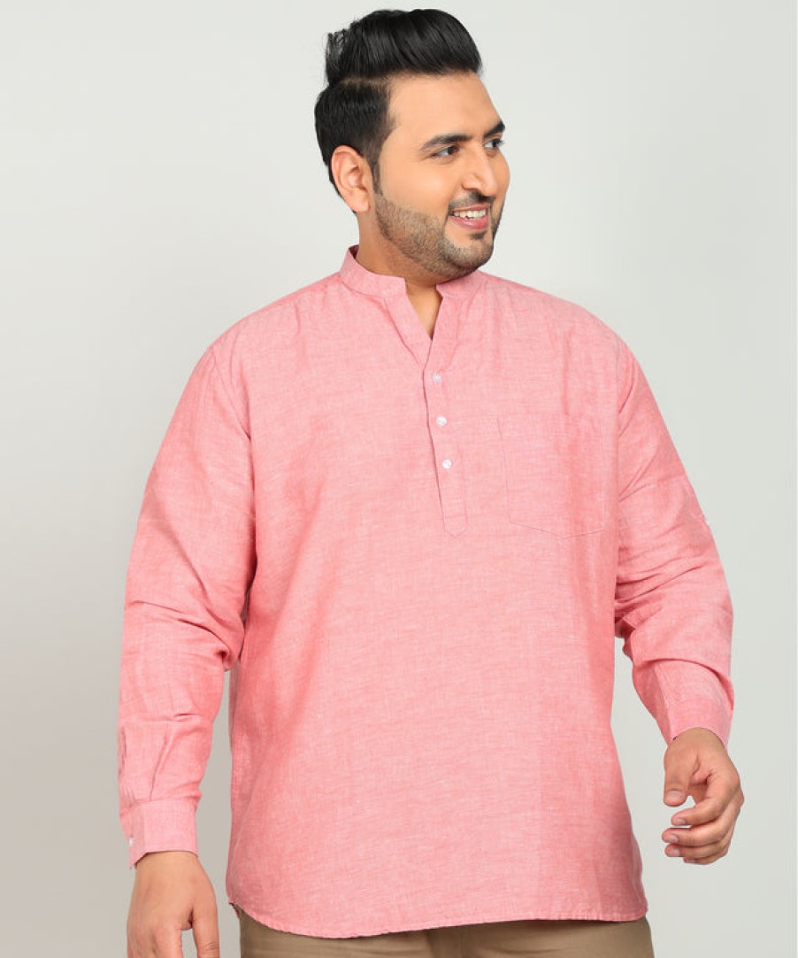 Kurtas | IVOC Plus Men Pink Cotton Linen Mandarin Collar Solid Casual Kurta