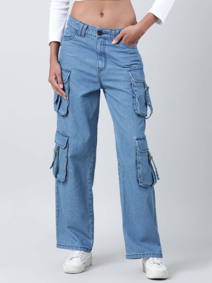 Jeans | Bene Kleed Women Blue Relaxed Fit High-Rise Jeans With Utility Cargo Pockets