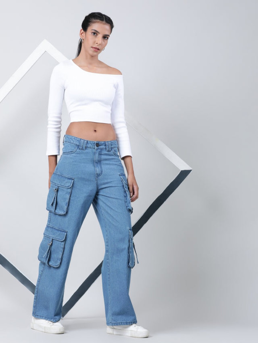 Jeans | Bene Kleed Women Blue Relaxed Fit High-Rise Jeans With Utility Cargo Pockets