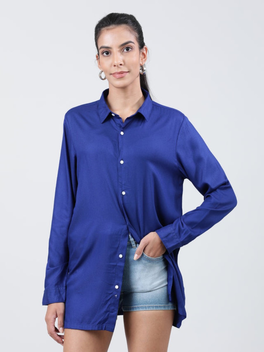 Casual Shirts | IVOC Women Admire Blue Regular Fit Solid Longline Casual Shirt