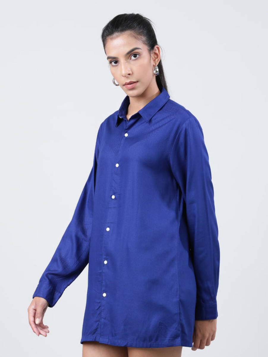 Casual Shirts | IVOC Women Admire Blue Regular Fit Solid Longline Casual Shirt