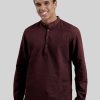 Kurtas | IVOC Men Burgundy Cotton-Linen Mandarin Collar Casual Kurta