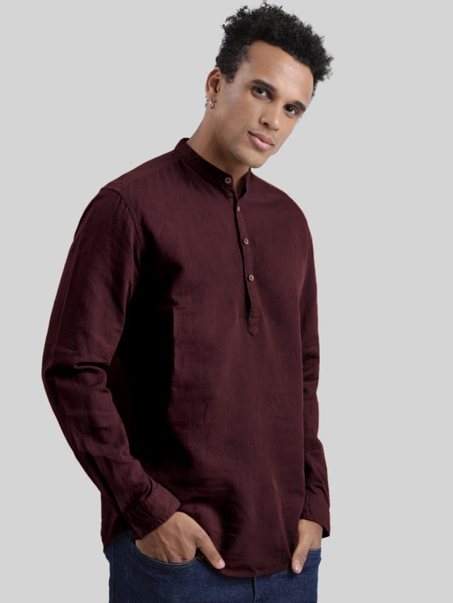 Kurtas | IVOC Men Burgundy Cotton-Linen Mandarin Collar Casual Kurta