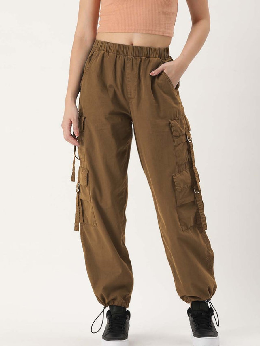 Cargos & Joggers | Bene Kleed Women Coffee Liquer Solid Parachute Fit Cargo Trousers