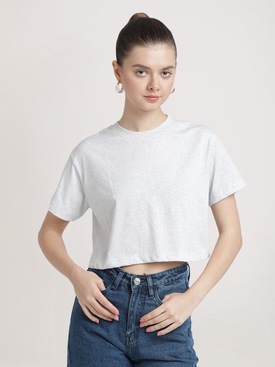 T-Shirt & Tops | Bene Kleed Women White Melange Cropped Solid Sustainable Tee