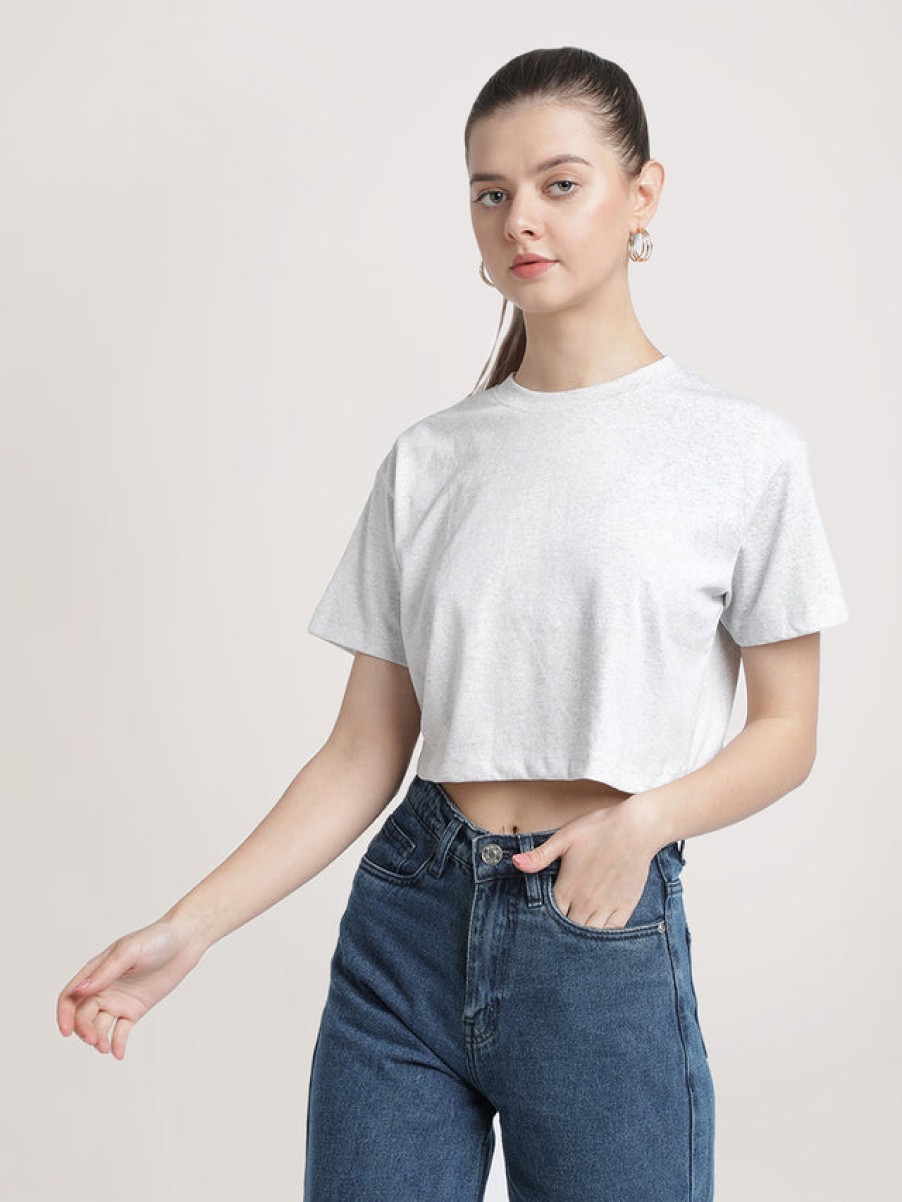 T-Shirt & Tops | Bene Kleed Women White Melange Cropped Solid Sustainable Tee