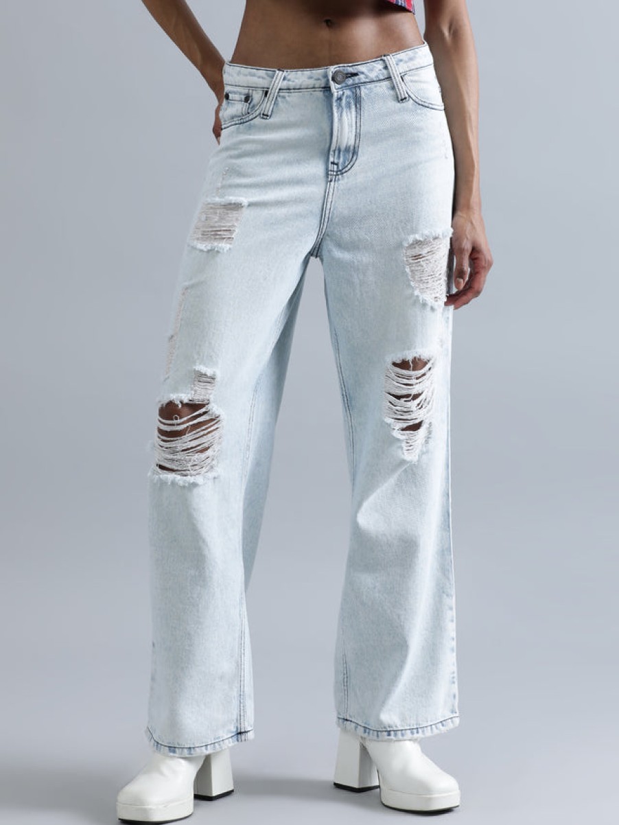 Jeans | Bene Kleed Women Light Blue Relaxed Fit High-Rise Highly Distressed Jeans