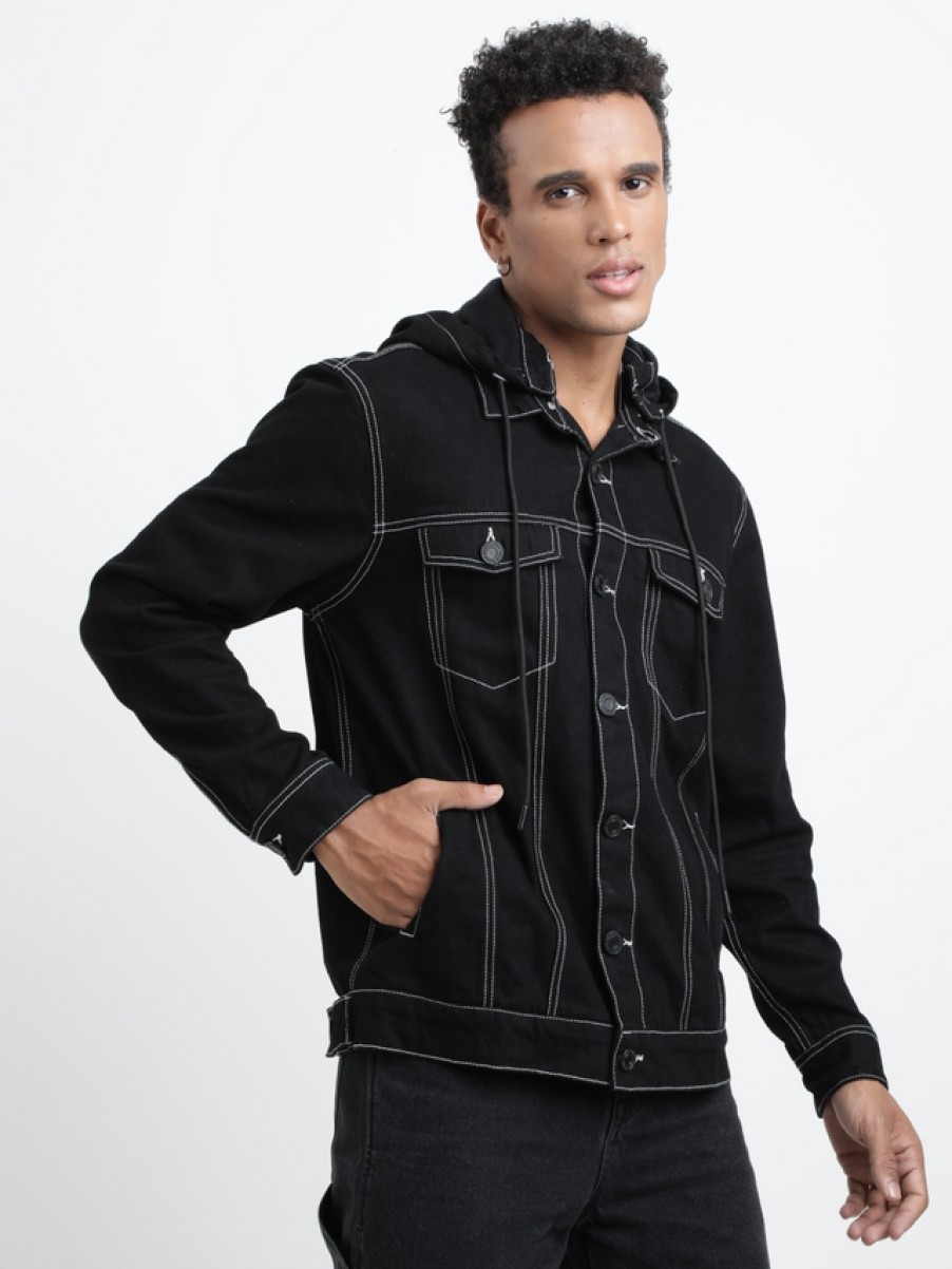 Jackets | Bene Kleed Men Black Regular Fit Solid Denim Jacket With Contrast Stitch & Detach