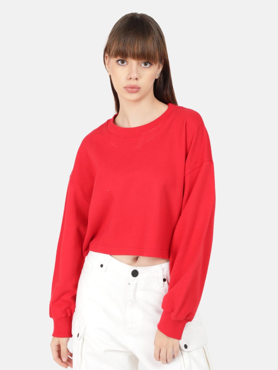 Sweatshirts | Bene Kleed Women Red Solid Cropped Length Oversized Sweatshirt