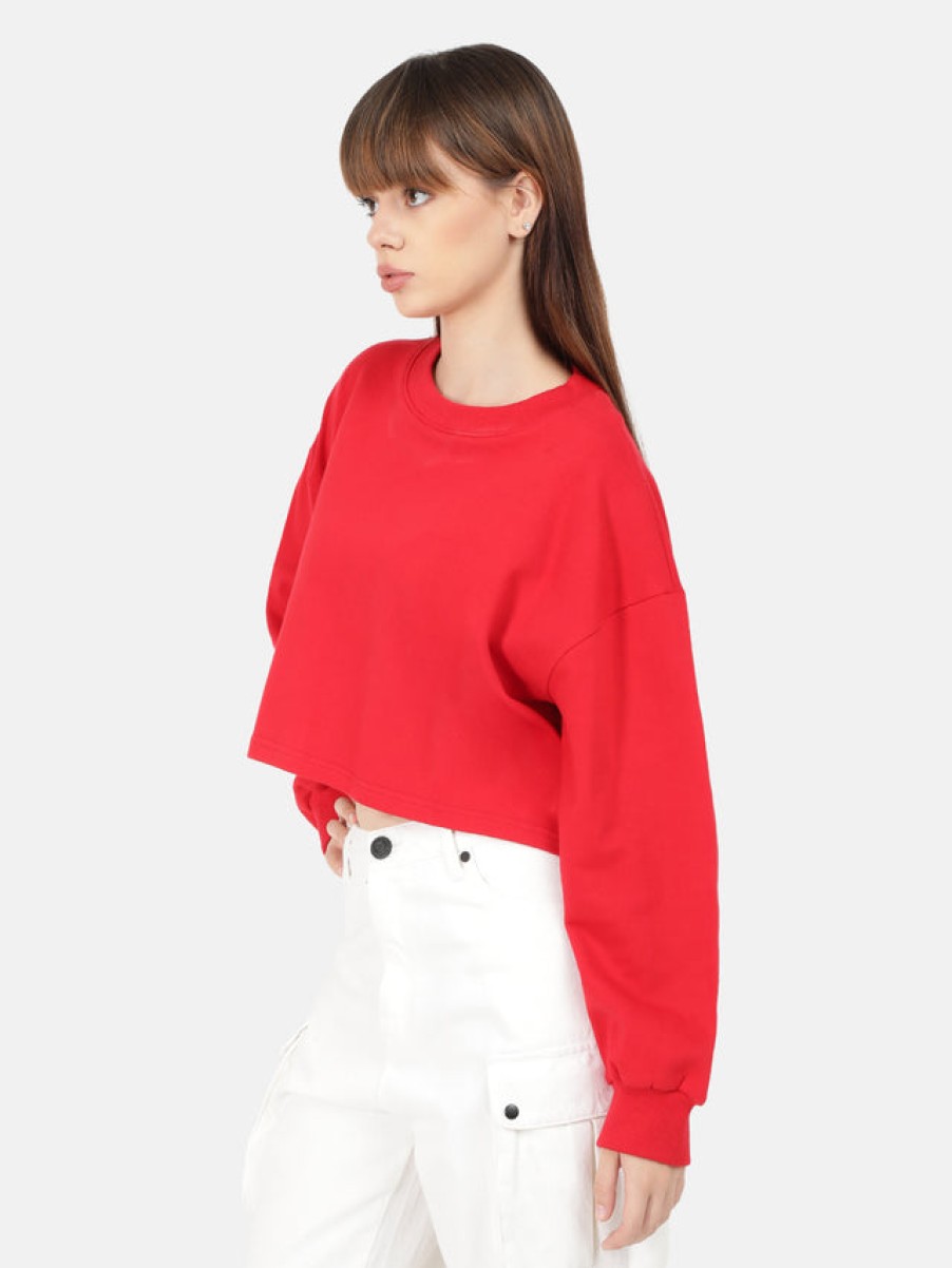 Sweatshirts | Bene Kleed Women Red Solid Cropped Length Oversized Sweatshirt