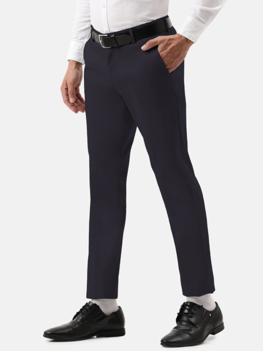 Formal Trousers | IVOC Men Dark Navy Slim Fit Solid Formal Trousers