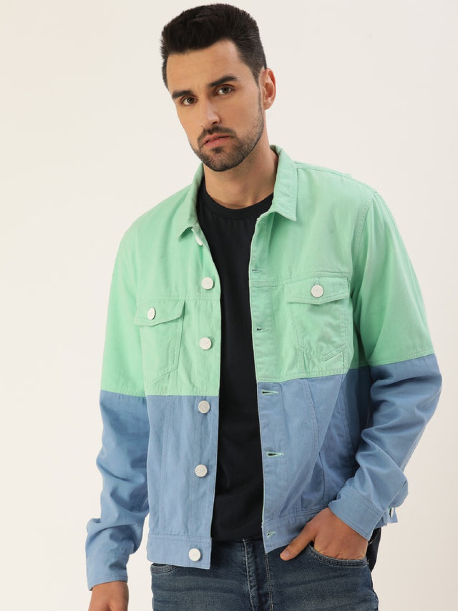 Jackets | Bene Kleed Men Mint/Blue Slim Fit Colour Block Jacket