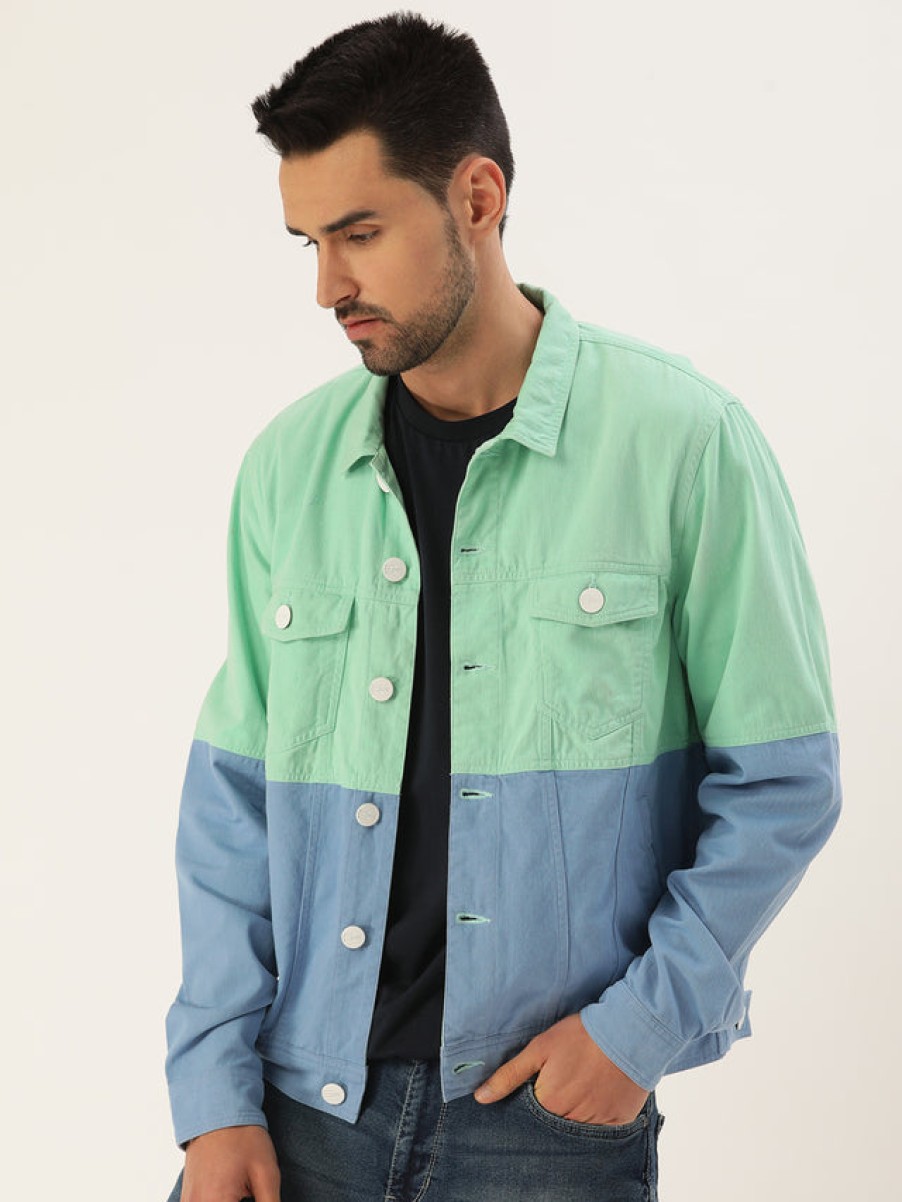 Jackets | Bene Kleed Men Mint/Blue Slim Fit Colour Block Jacket