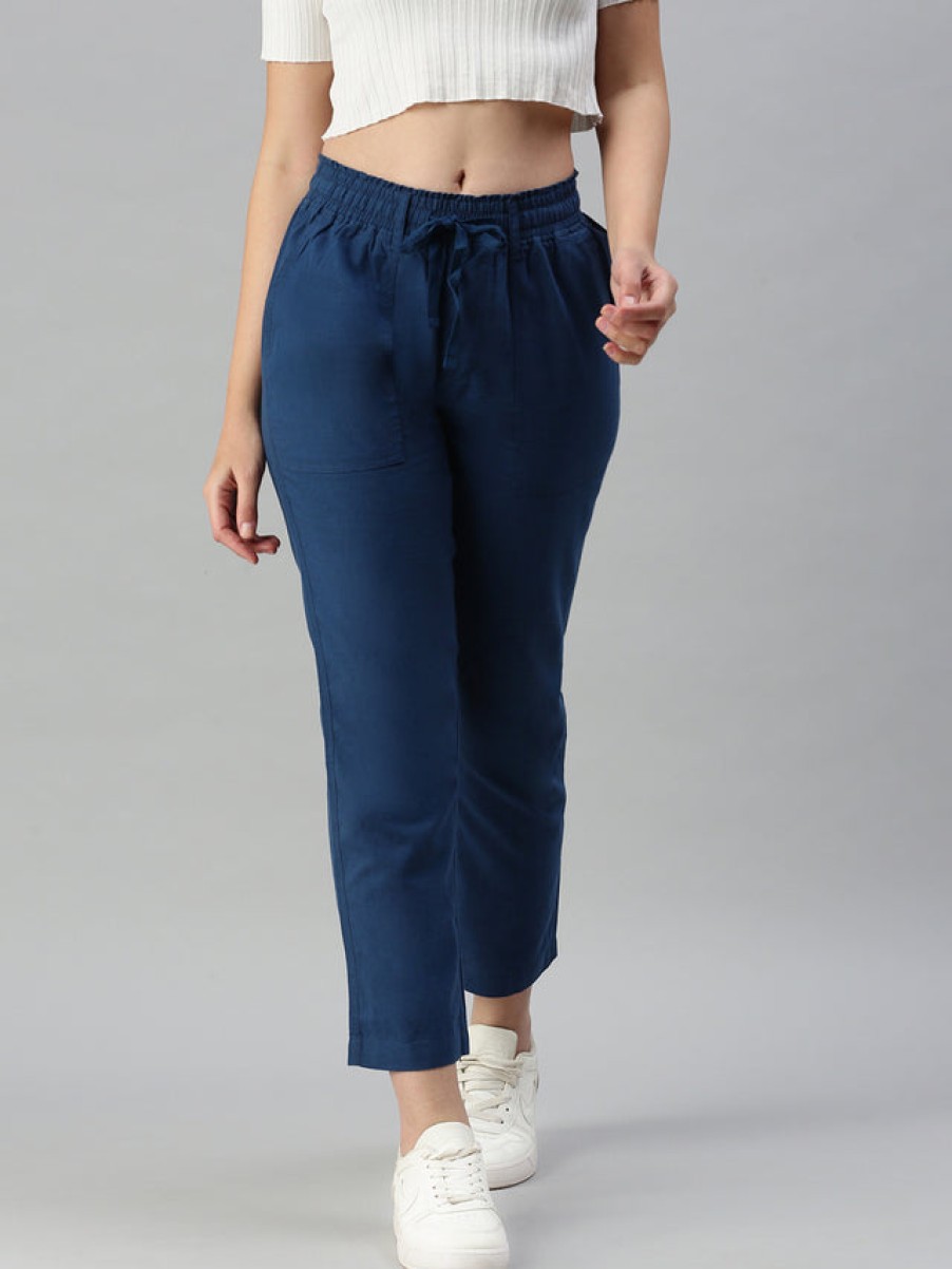 Cargos & Joggers | IVOC Women Blue Regular Fit Solid Casual Trousers