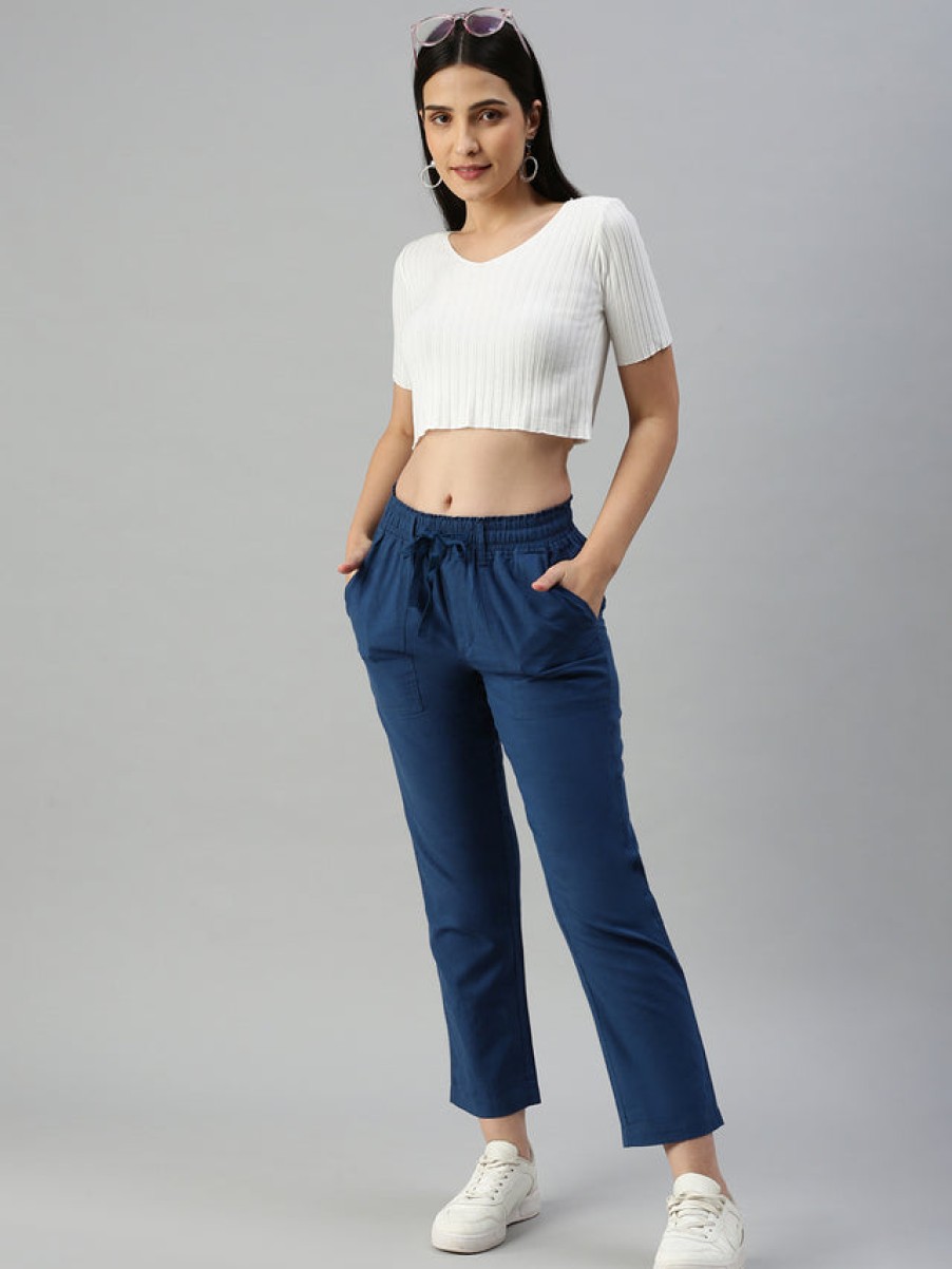 Cargos & Joggers | IVOC Women Blue Regular Fit Solid Casual Trousers