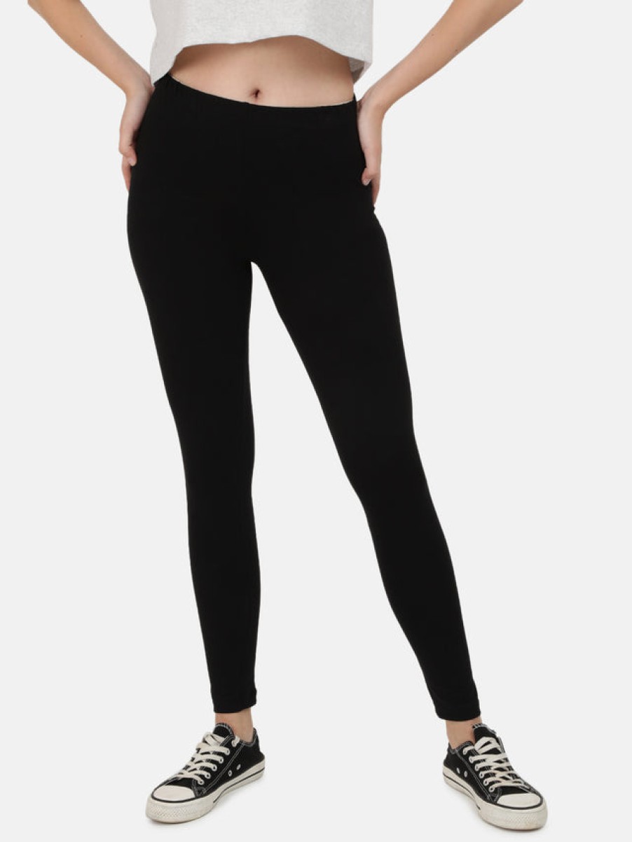 Leggings | Bene Kleed Women Black Cotton Solid Leggings