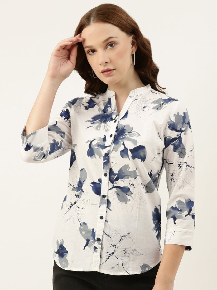 Casual Shirts | Bene Kleed Women White/Blue Slim Fit Floral Casual Shirt